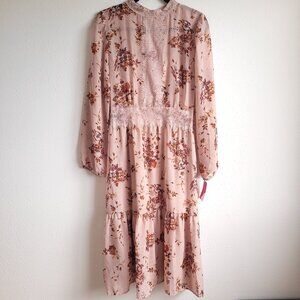 New Xhilaration pale rose color with flowers and lace midi long sleeve dress